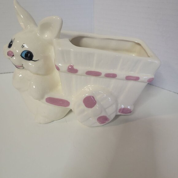 Vintage Midcentury Modern Ceramic Bunny Cart Planter White & Pink Easter Decor - Picture 1 of 6